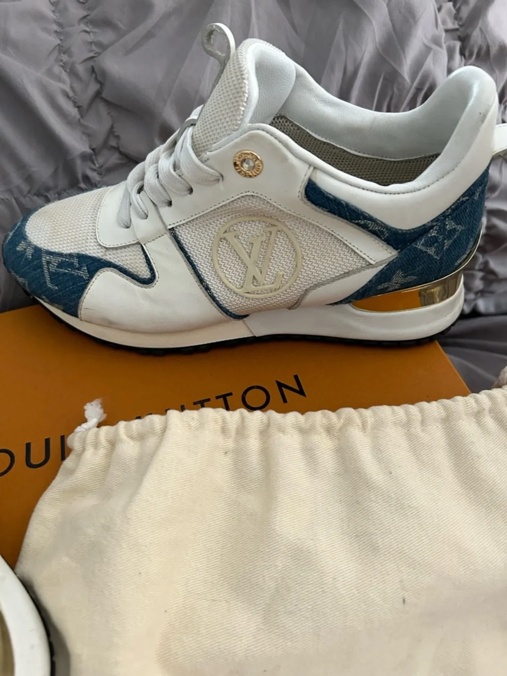 White and Blue Monogram Runway Sneaker